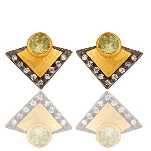 Modern Light Peridot and Black Rhodium Gemstones Gold Stud Earrings