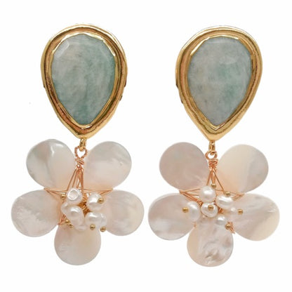 Amazonite and Pearl Gemstone Flower Statement Earrings 2.2”